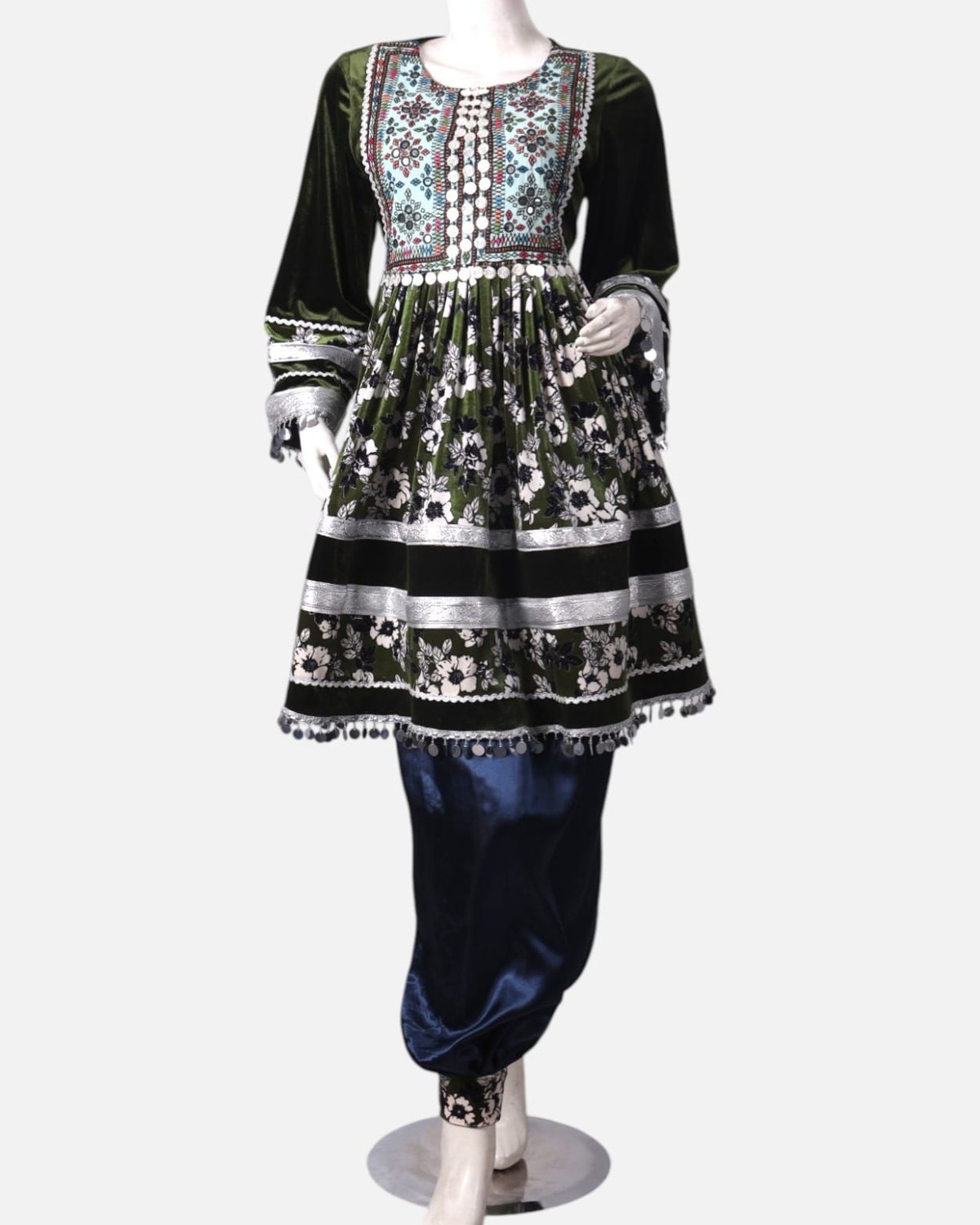 Afghan Traditional Embroidered Velvet and Satin Dress in Black & Green with Shawl 2