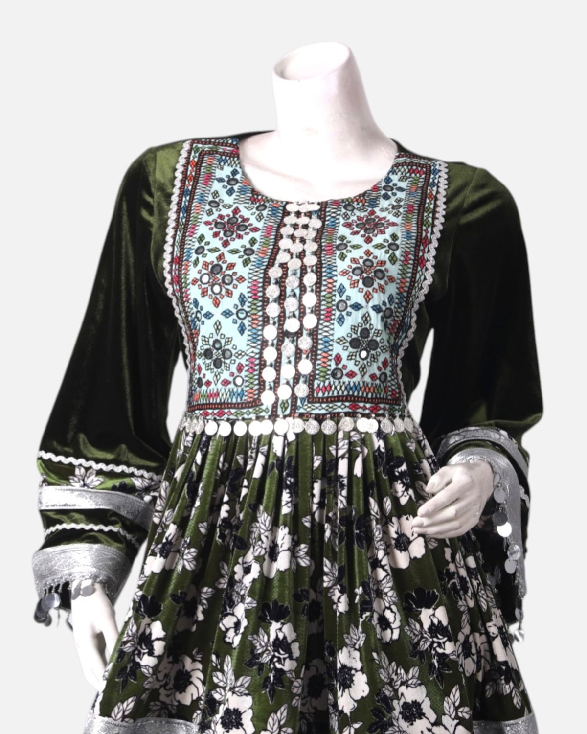 Afghan Traditional Embroidered Velvet and Satin Dress in Black & Green with Shawl 4