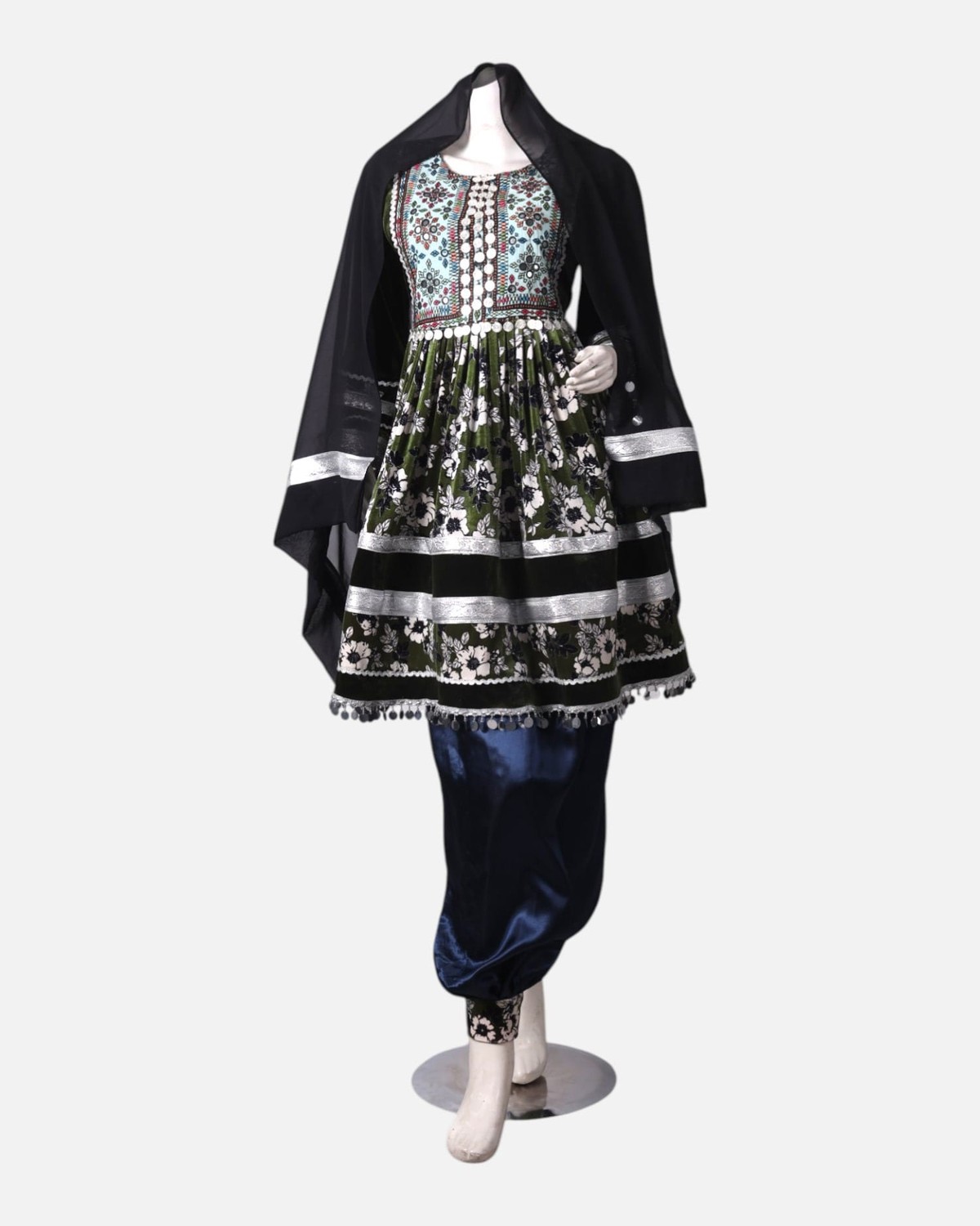 Afghan Traditional Embroidered Velvet and Satin Dress in Black & Green with Shawl 1