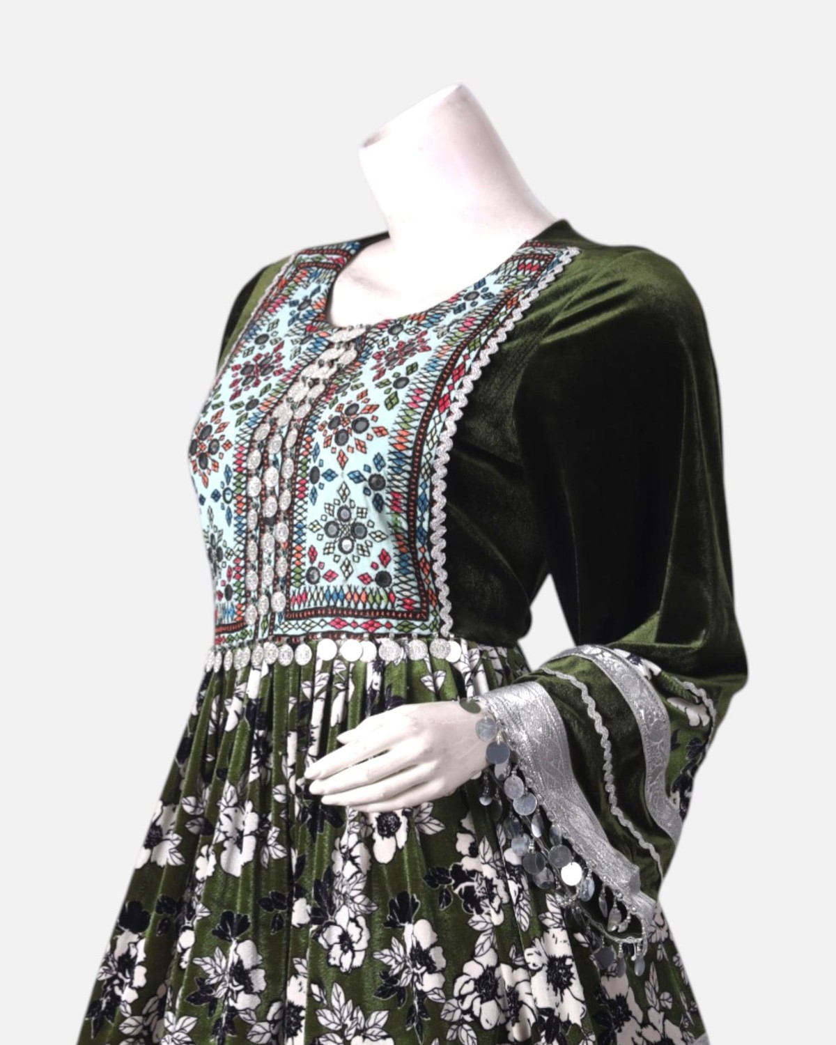 Afghan Traditional Embroidered Velvet and Satin Dress in Black & Green with Shawl 3