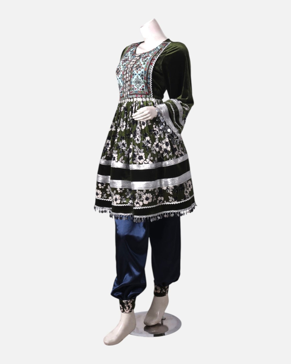 Afghan Traditional Embroidered Velvet and Satin Dress in Black & Green with Shawl 6