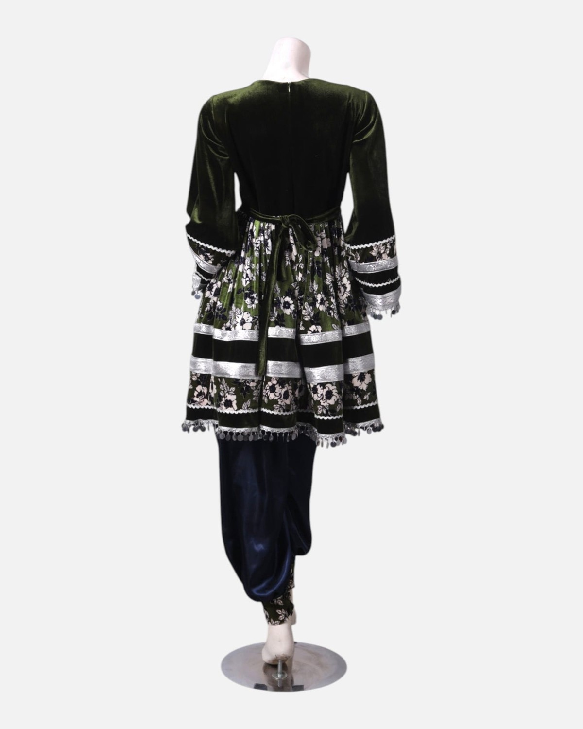 Afghan Traditional Embroidered Velvet and Satin Dress in Black & Green with Shawl 5