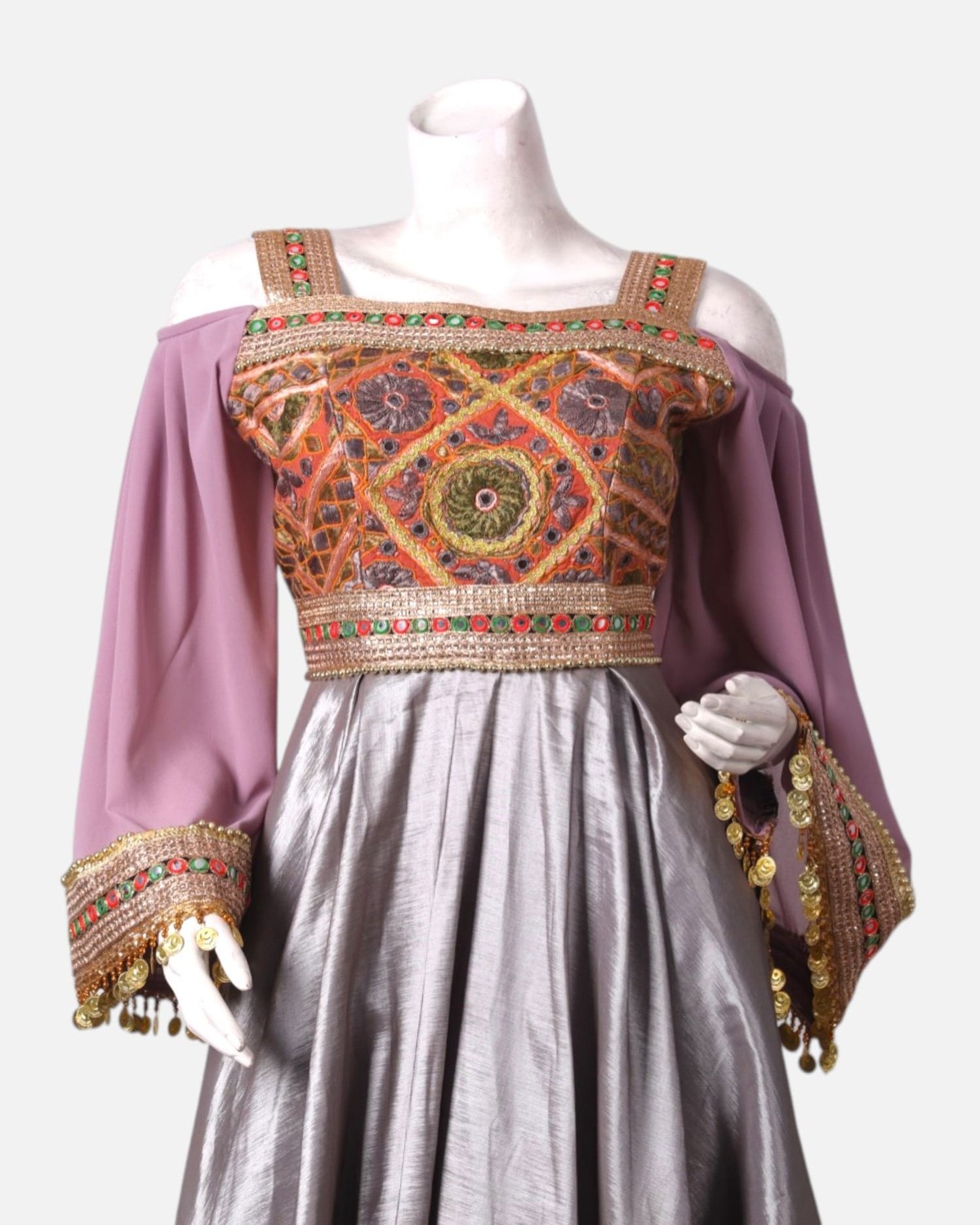 Silver Satin and Pink Chiffon Afghan Dress with Hand-Embroidered Maxi for Women 4
