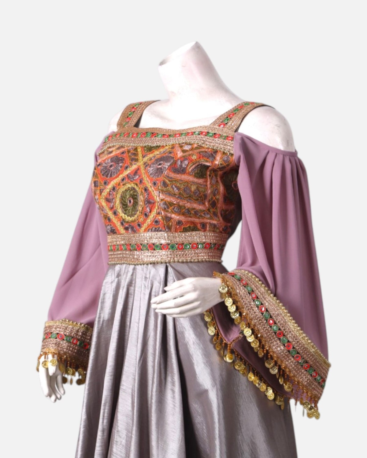 Silver Satin and Pink Chiffon Afghan Dress with Hand-Embroidered Maxi for Women 2
