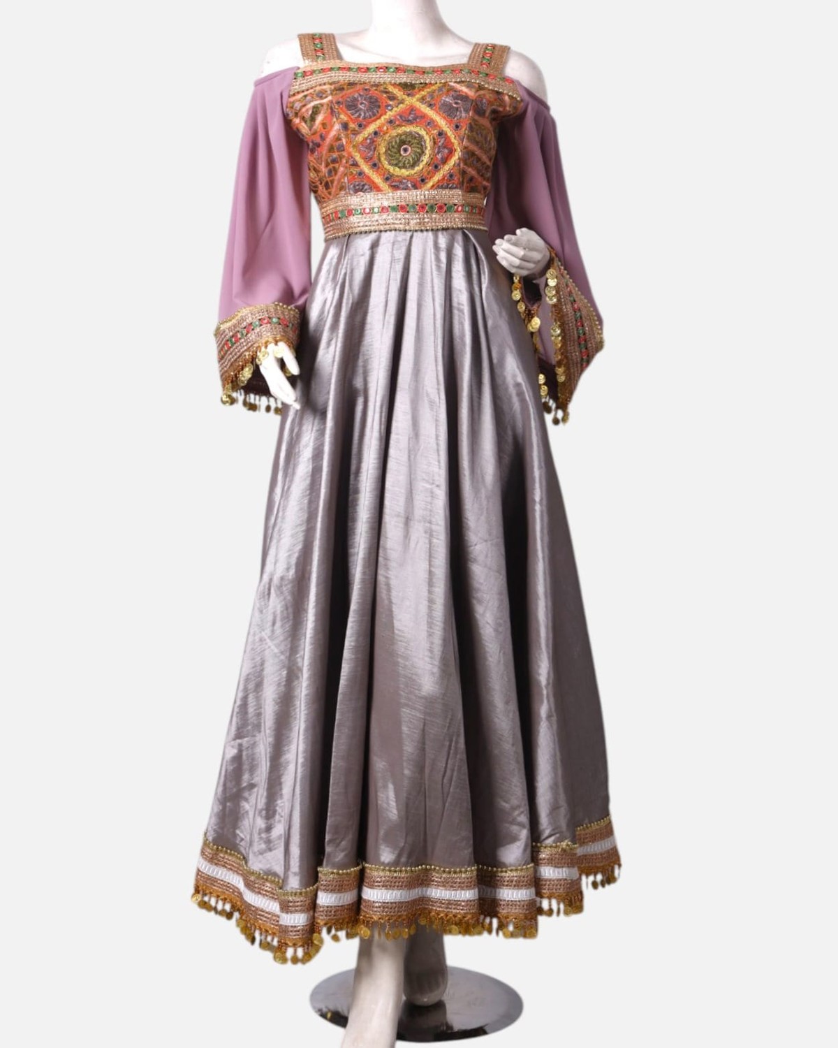 Silver Satin and Pink Chiffon Afghan Dress with Hand-Embroidered Maxi for Women 1