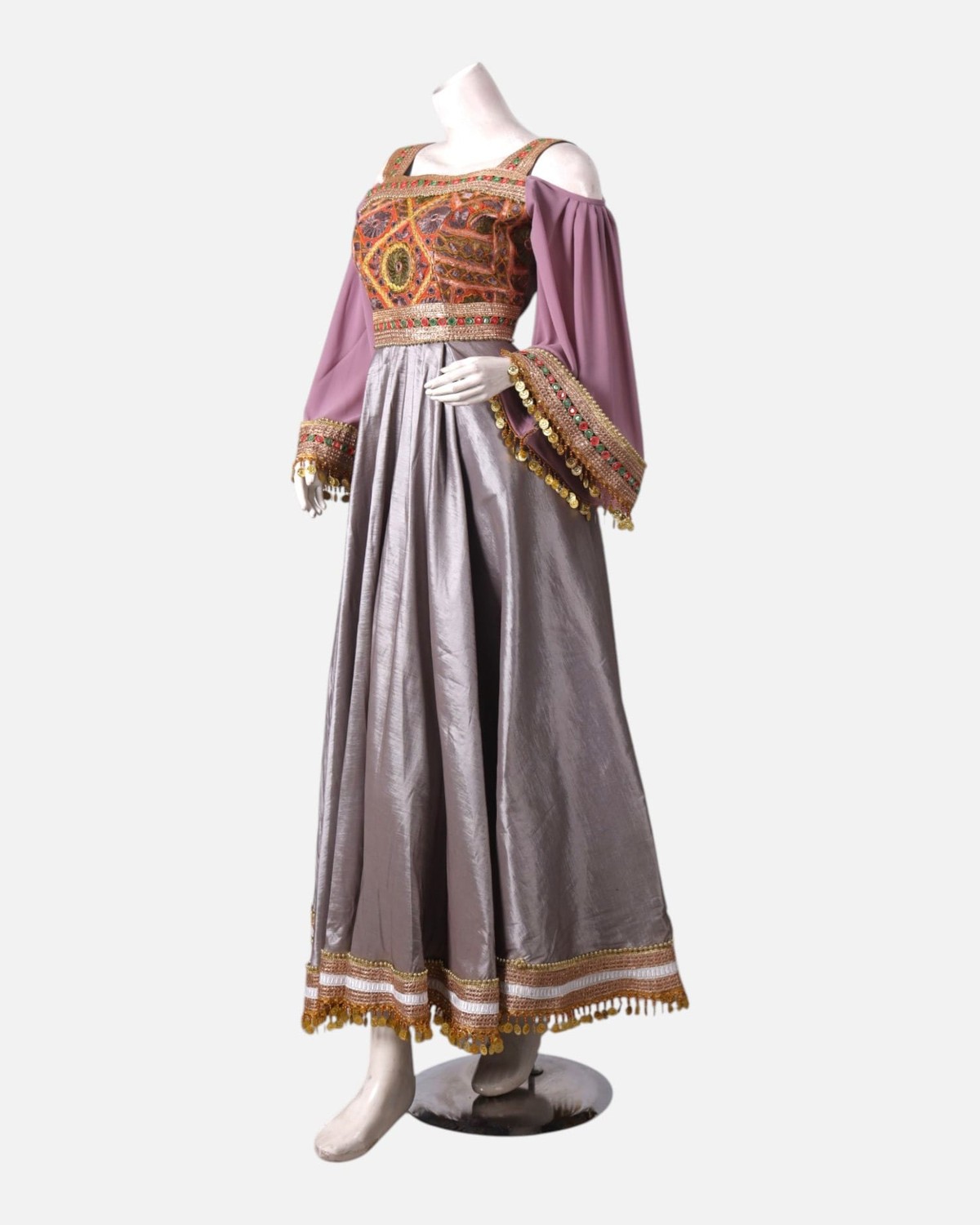 Silver Satin and Pink Chiffon Afghan Dress with Hand-Embroidered Maxi for Women 3