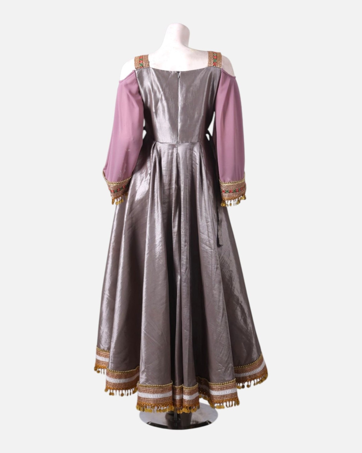 Silver Satin and Pink Chiffon Afghan Dress with Hand-Embroidered Maxi for Women 5