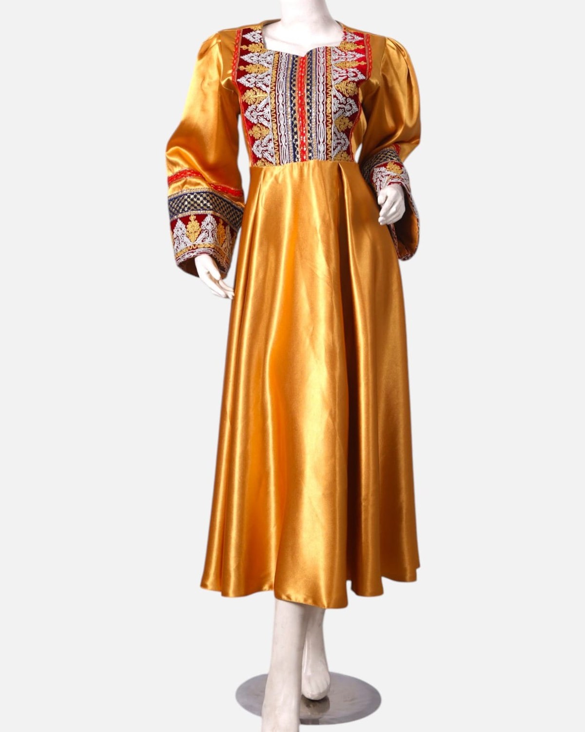 ellow Afghan Satin Dress with Embroidered Details and Red Shawl 3