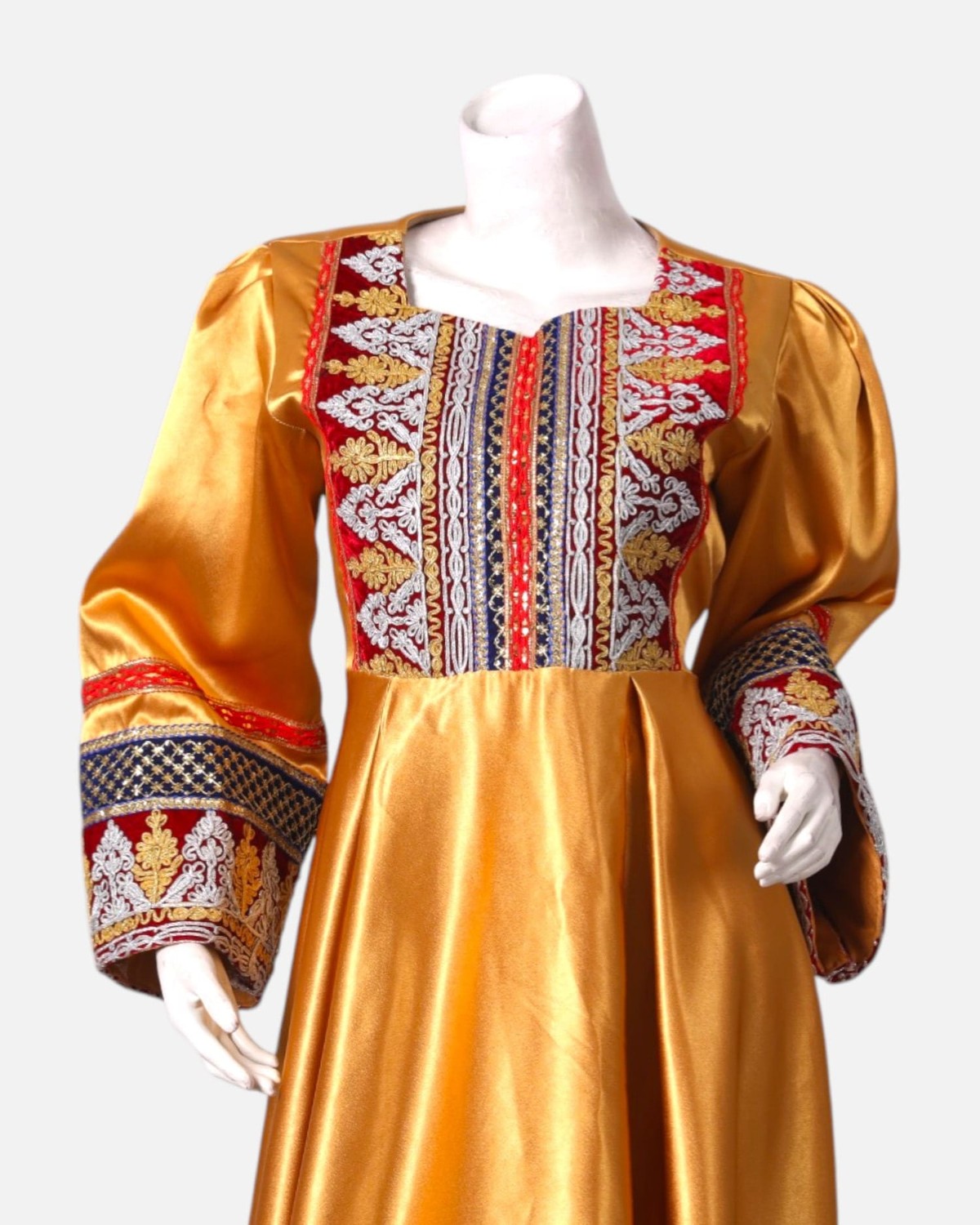 ellow Afghan Satin Dress with Embroidered Details and Red Shawl 4