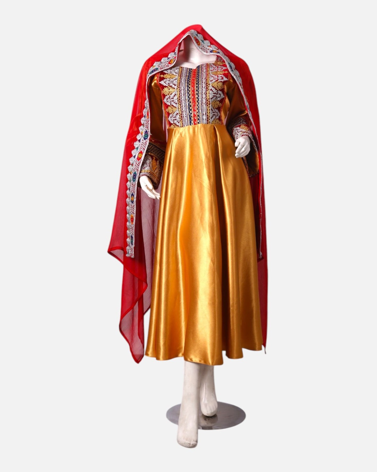 ellow Afghan Satin Dress with Embroidered Details and Red Shawl 5