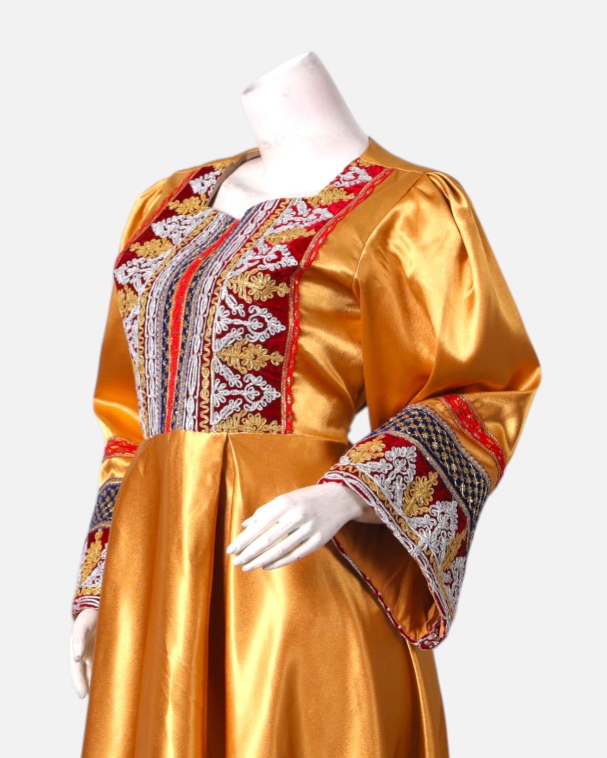 ellow Afghan Satin Dress with Embroidered Details and Red Shawl 6