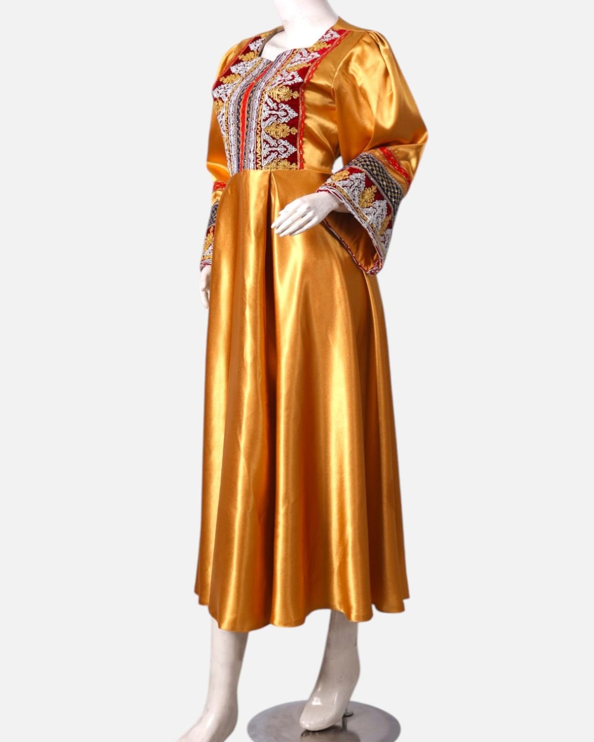 ellow Afghan Satin Dress with Embroidered Details and Red Shawl 1