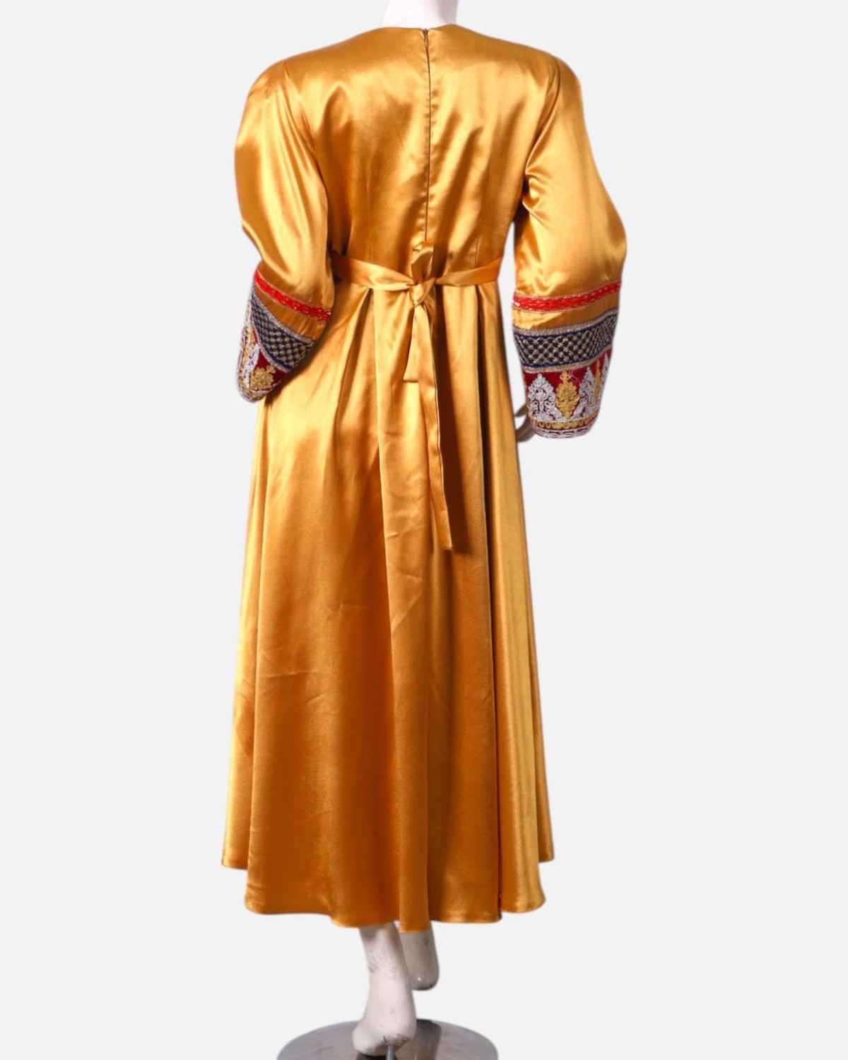 ellow Afghan Satin Dress with Embroidered Details and Red Shawl 2