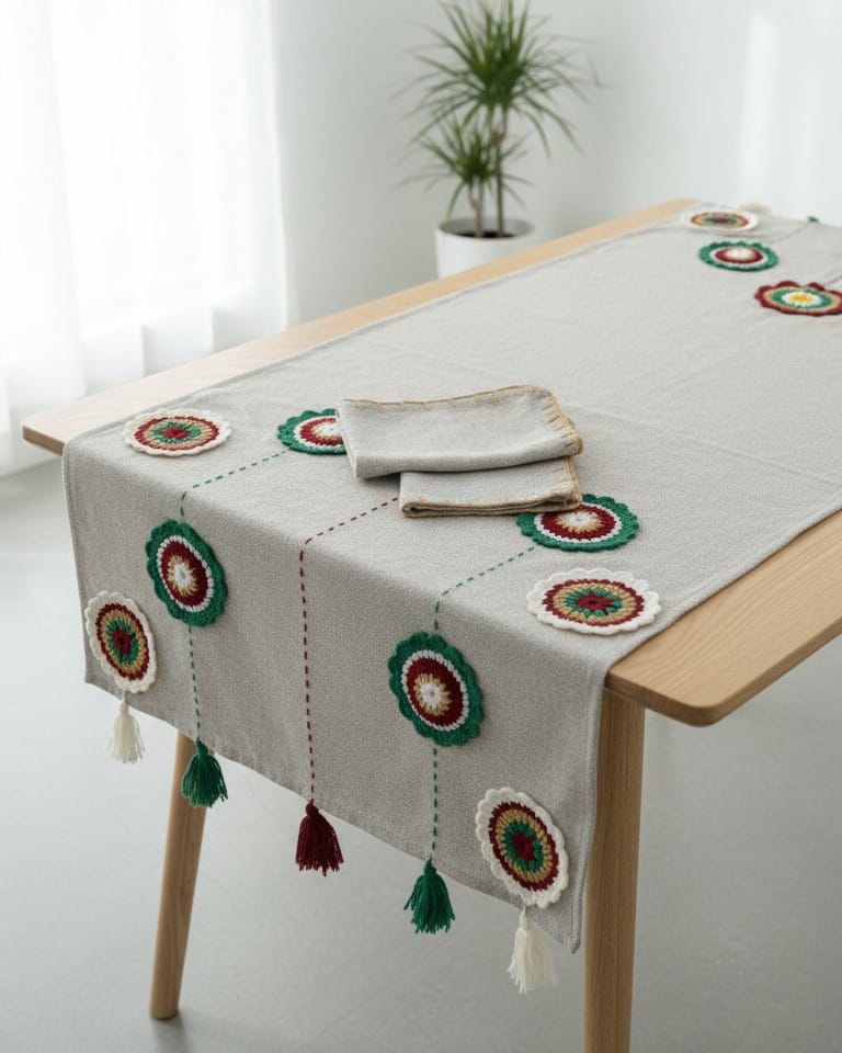 Table Runner with 6 Placements, Afghan-Inspired Decorative Tablecloth 1
