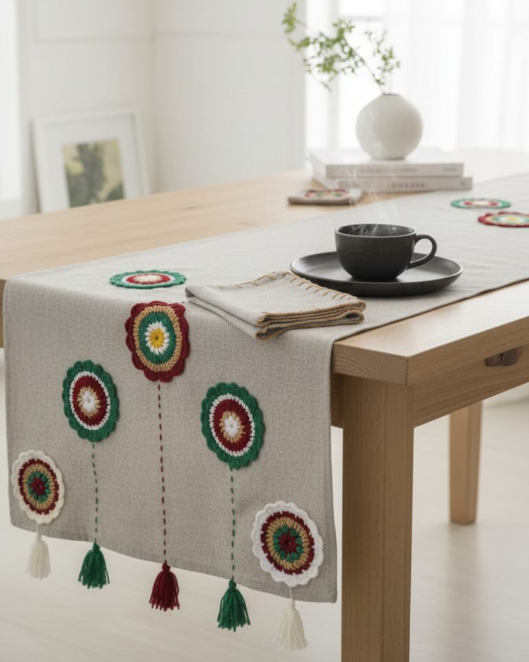 Table Runner with 6 Placements, Afghan-Inspired Decorative Tablecloth 2