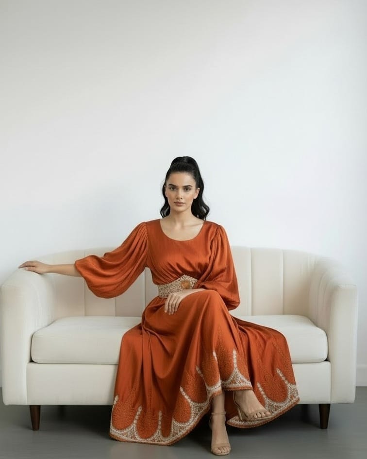 Orange Satin Dress with Embroidered Belt | Traditional Maxi Dress for Weddings & Special Events 1