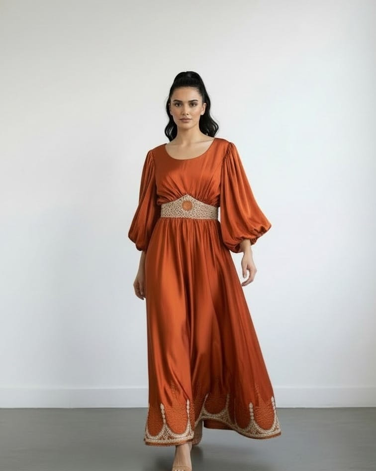 Orange Satin Dress with Embroidered Belt | Traditional Maxi Dress for Weddings & Special Events 2