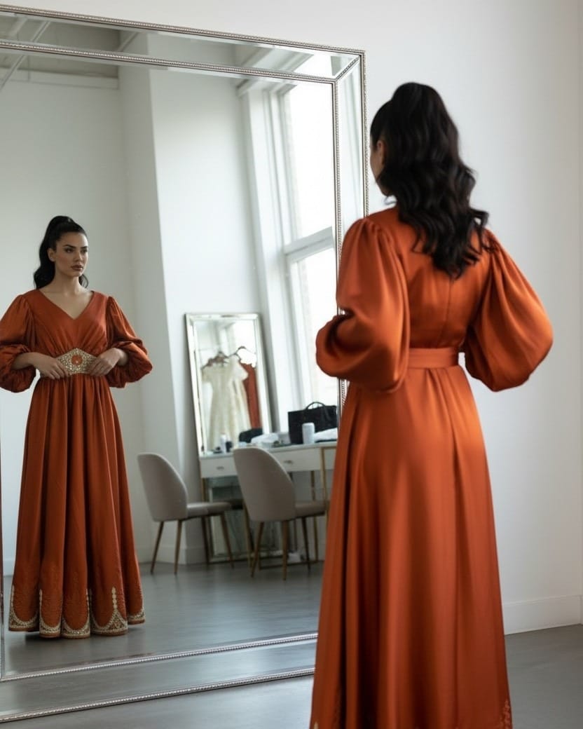 Orange Satin Dress with Embroidered Belt | Traditional Maxi Dress for Weddings & Special Events 3