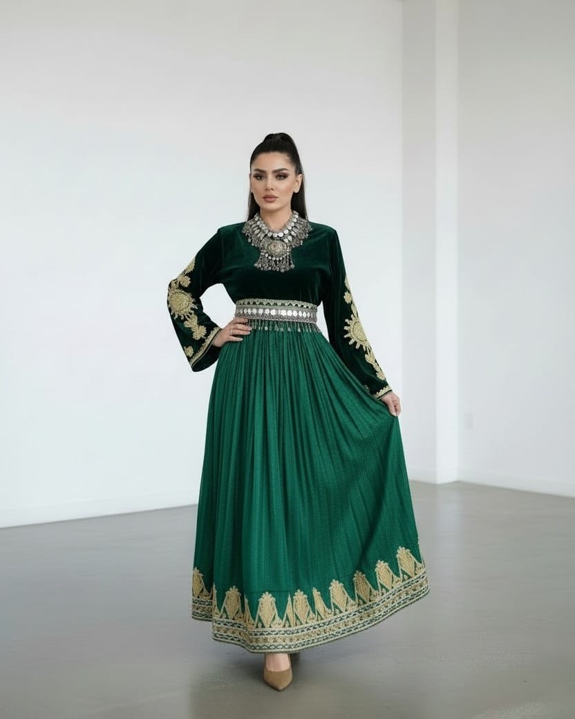 Green Afghan Traditional Dress Sabz with Hand Embroidery 1