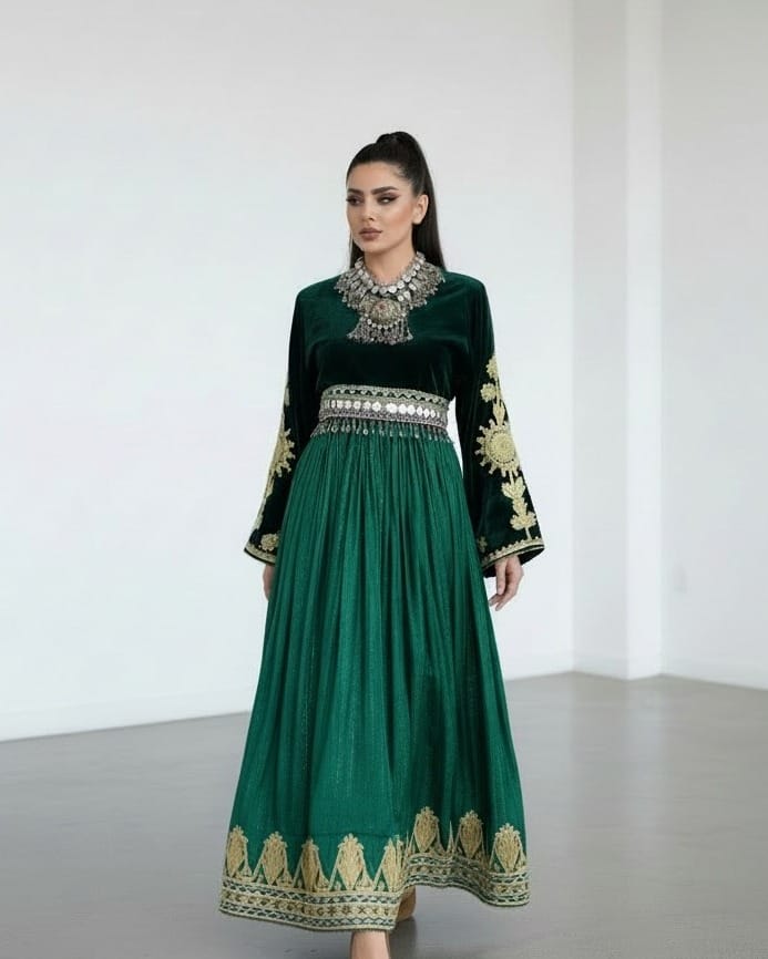 Green Afghan Traditional Dress Sabz with Hand Embroidery 2