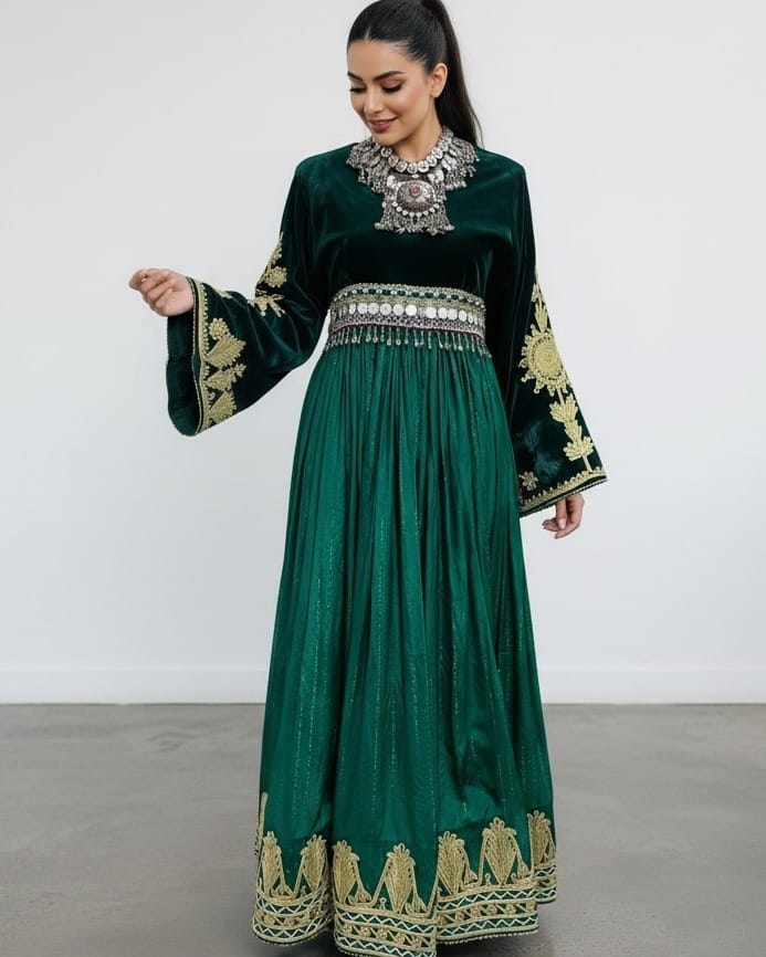 Green Afghan Traditional Dress Sabz with Hand Embroidery 3