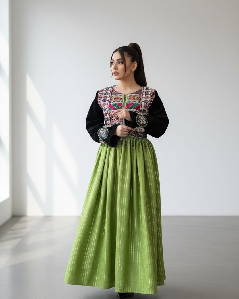 Traditional Afghan Dress – Black Bodice with Multi-Colored Floral Embroidery and Green Pleated Skirt 2