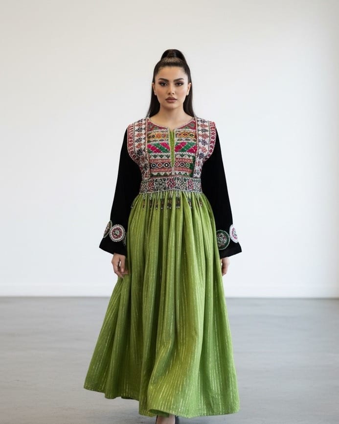 Traditional Afghan Dress – Black Bodice with Multi-Colored Floral Embroidery and Green Pleated Skirt 1