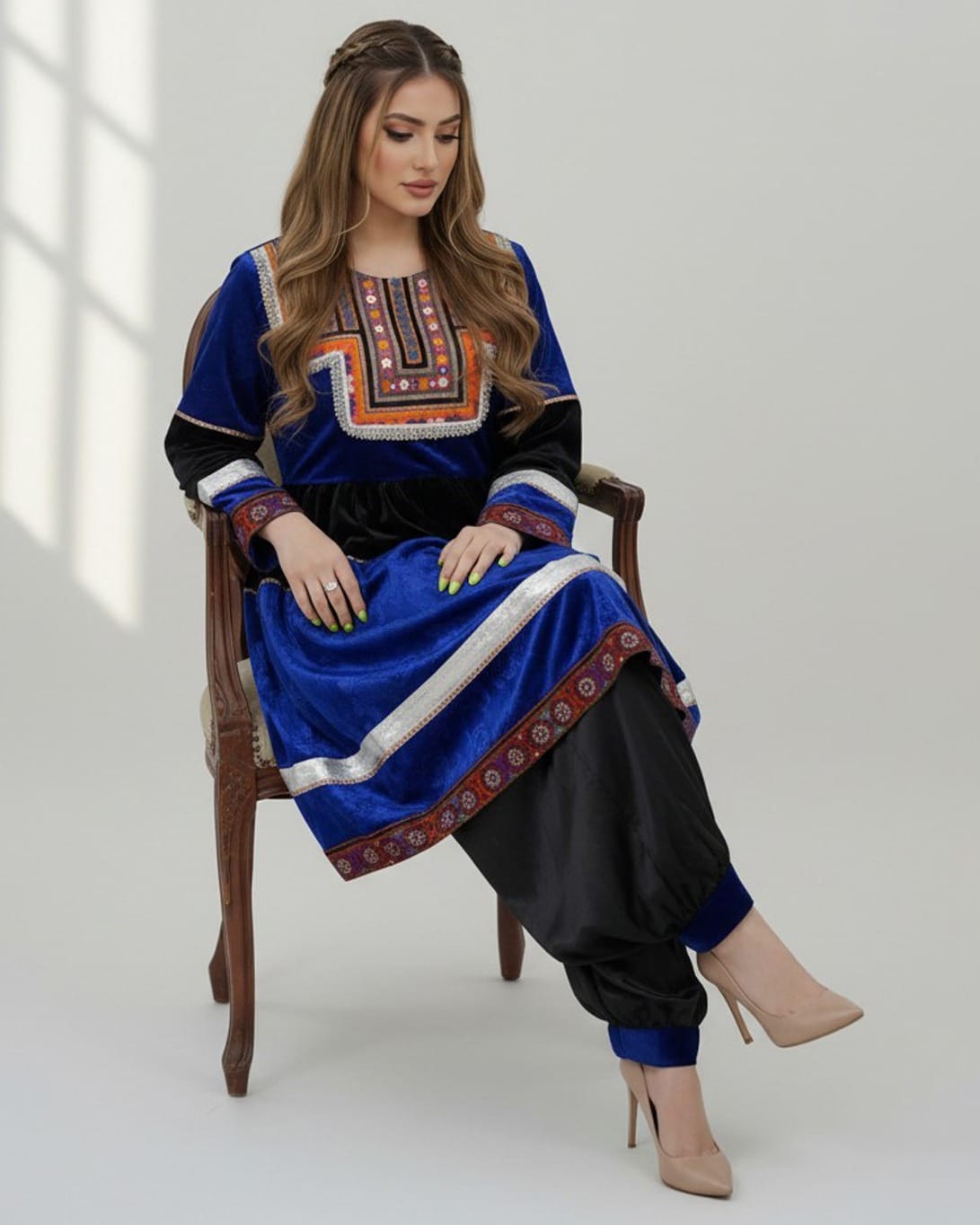 Velvet Dress Set with Satin Pants & Hand Embroidered Details – Handmade Cultural Attire 2