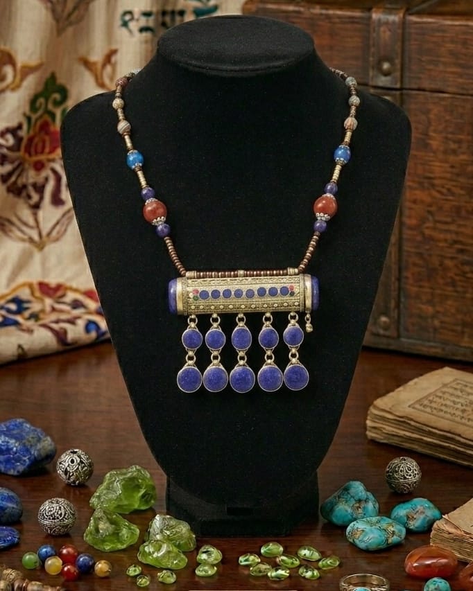 Tribal Afghan Blue Lapis Lazuli Beaded Drop Pendant 2