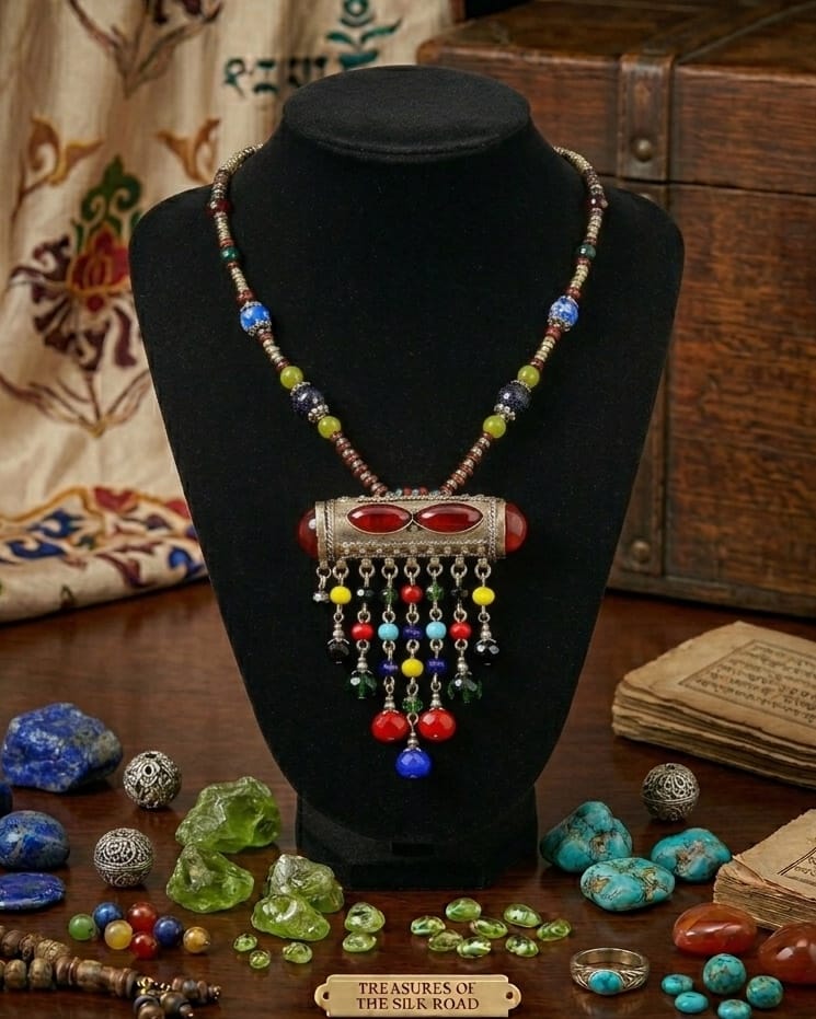 Tribal Afghan Beaded Drop Pendant | Gilt Metal Lariat Necklace 3