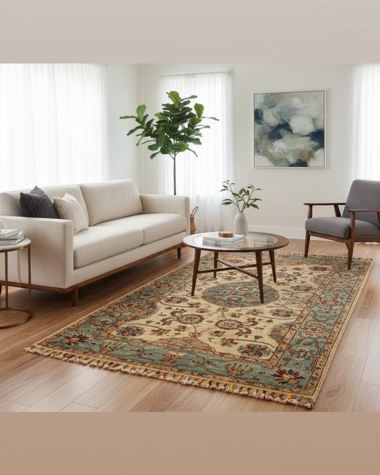Traditional Afghan Harees Rug 1x2.15 – Handmade Wool Afghan Carpet, Cream & Turquoise Floral Pattern Rug, Artisan Oriental Area Rug 4