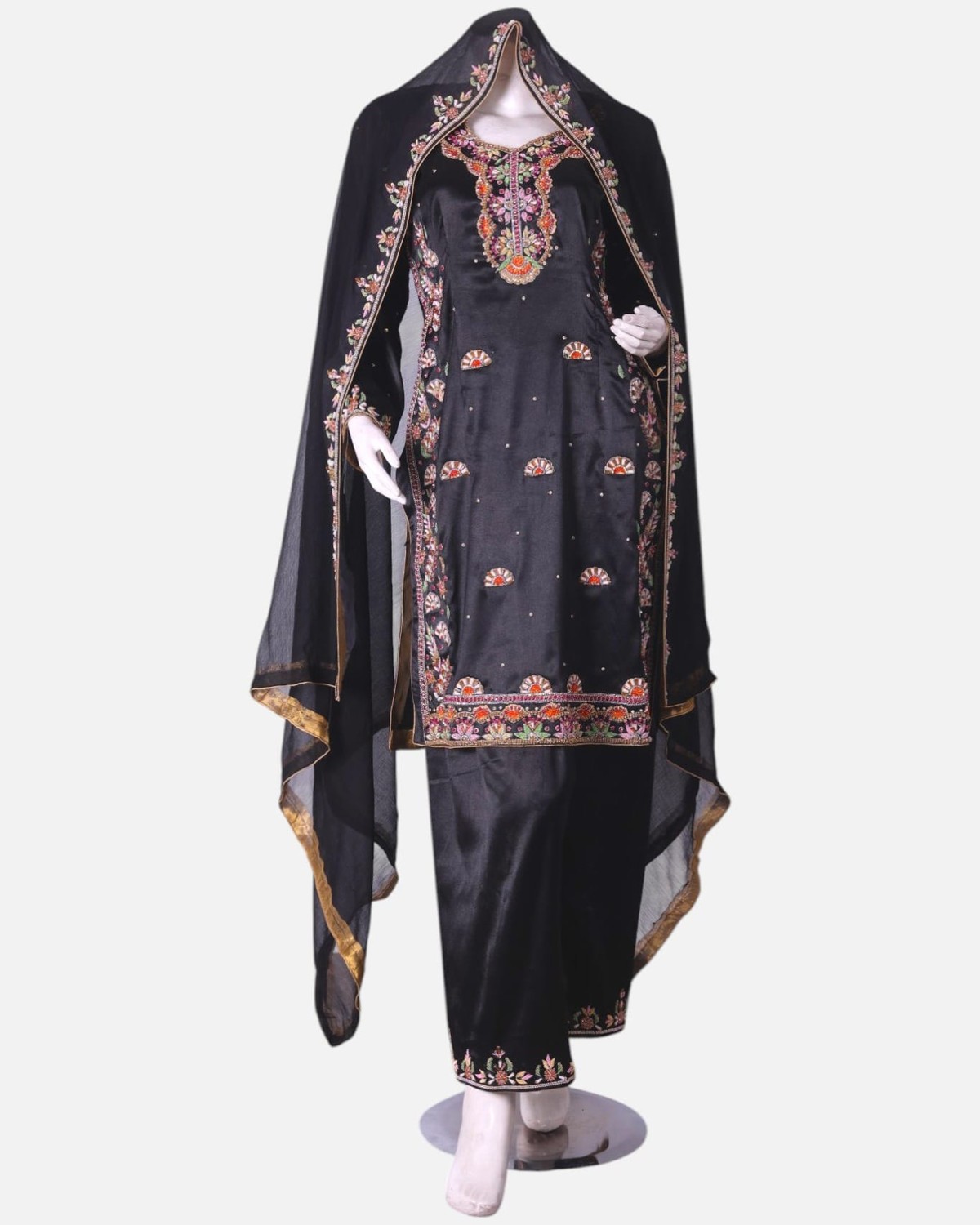 Black Afghan Satin Dress with Sirma Embroidery and Matching Scarf 3