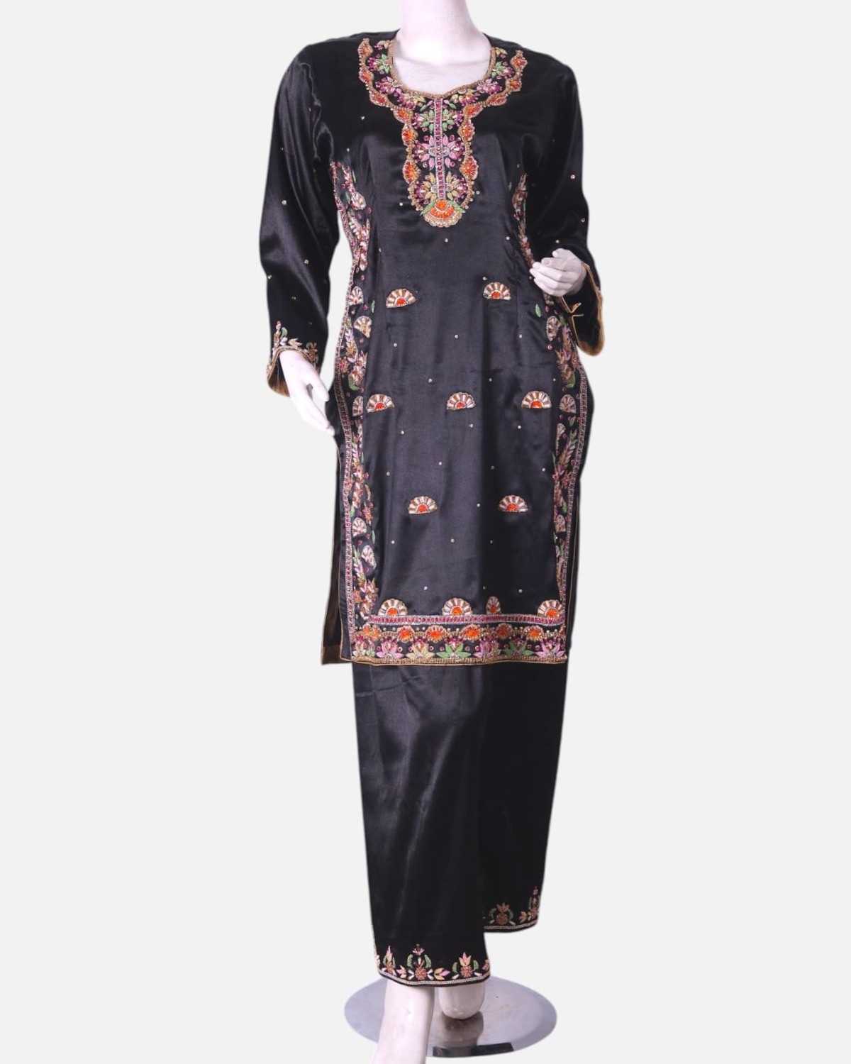 Black Afghan Satin Dress with Sirma Embroidery and Matching Scarf 6