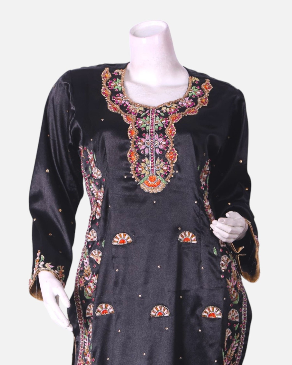 Black Afghan Satin Dress with Sirma Embroidery and Matching Scarf 4