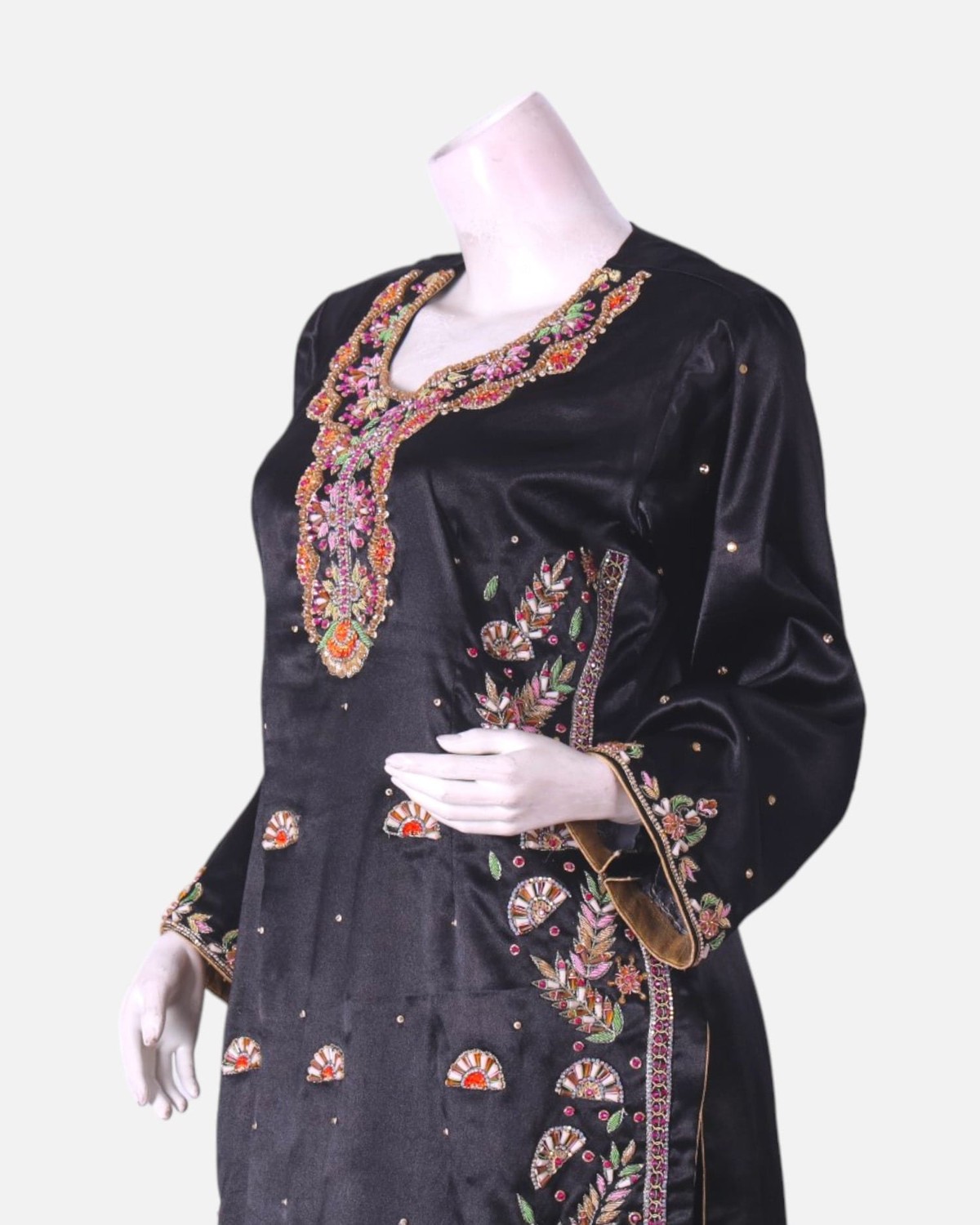 Black Afghan Satin Dress with Sirma Embroidery and Matching Scarf 2