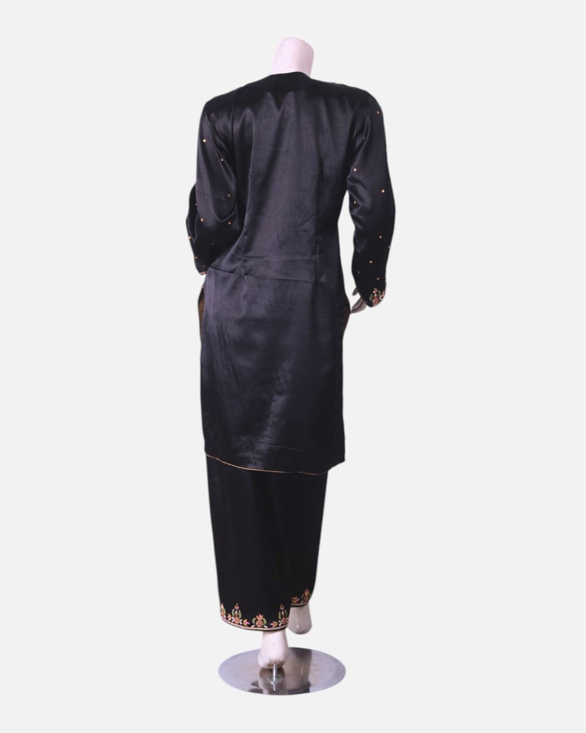 Black Afghan Satin Dress with Sirma Embroidery and Matching Scarf 7