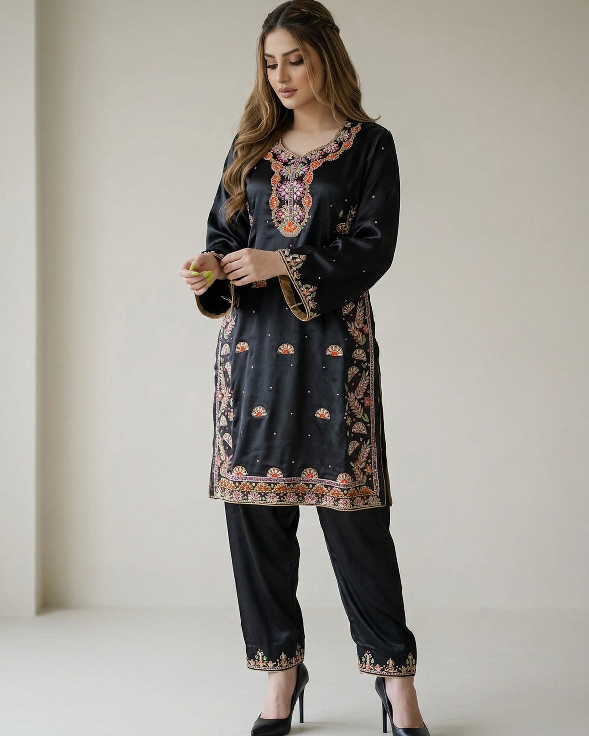 Black Afghan Satin Dress with Sirma Embroidery and Matching Scarf 1