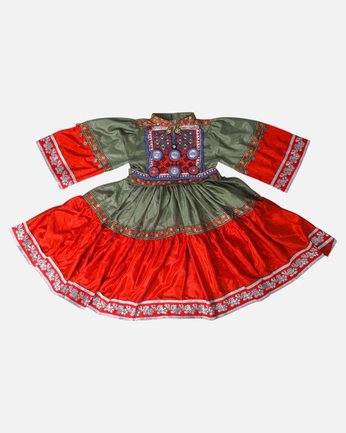 Green and Red Afghan Traditional Kids Dress 4