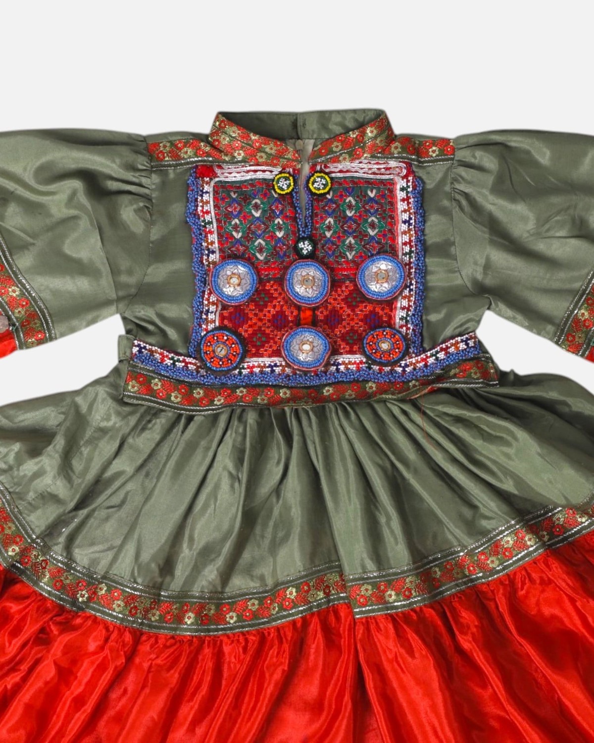 Green and Red Afghan Traditional Kids Dress 3