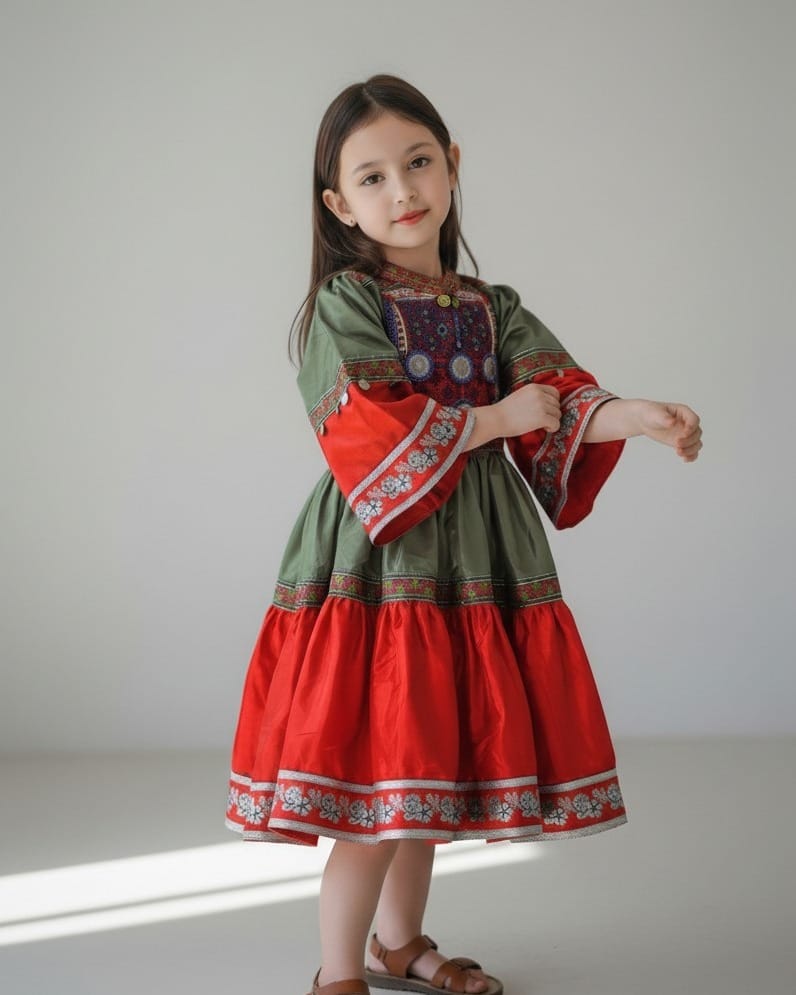 Green and Red Afghan Traditional Kids Dress 2