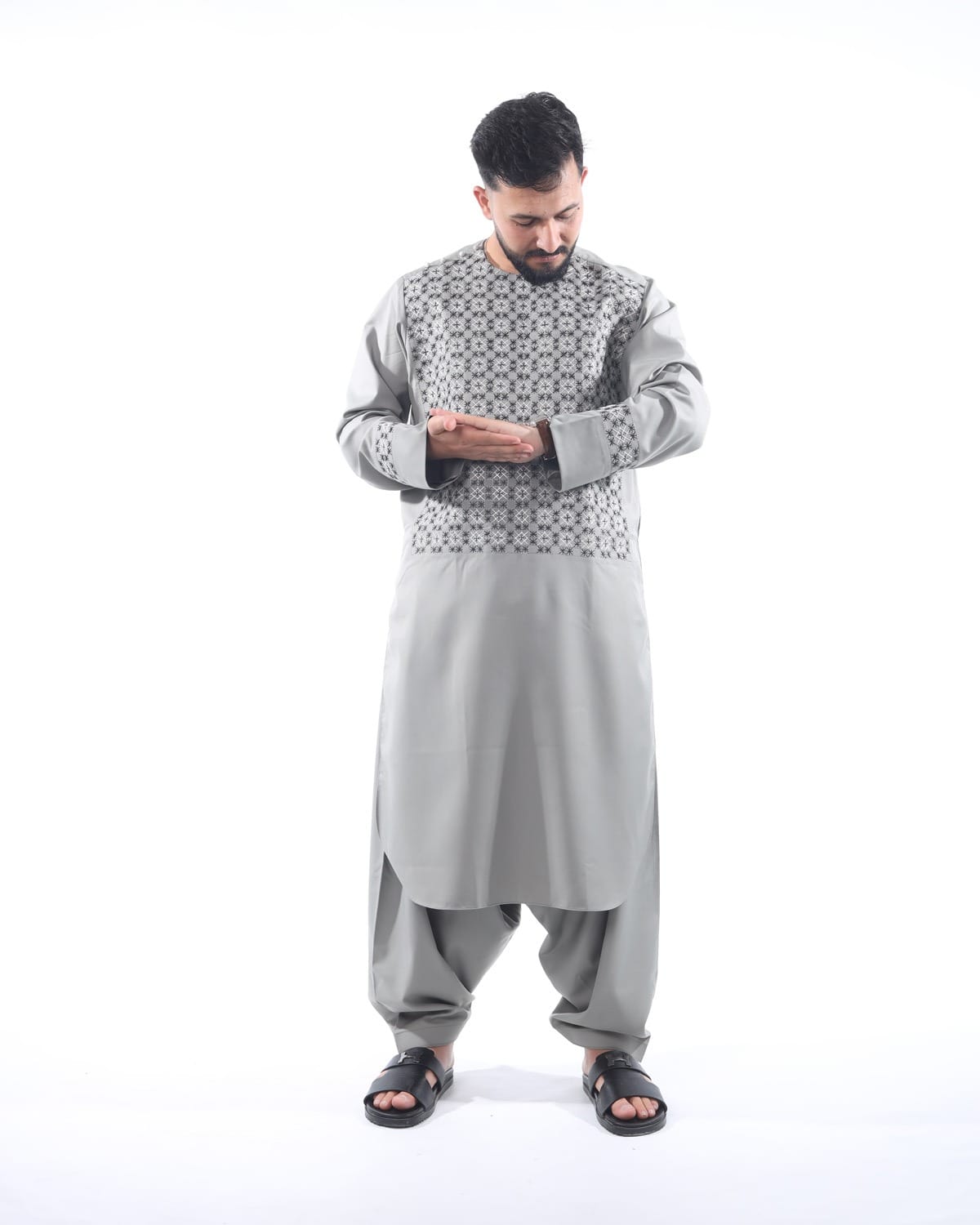 Light Silver Sena Pur Embroidered Afghan Attire for Men with Shawl 9