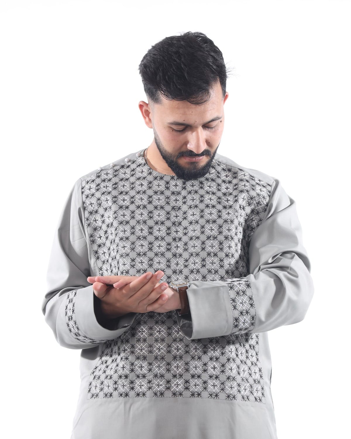 Light Silver Sena Pur Embroidered Afghan Attire for Men with Shawl 6