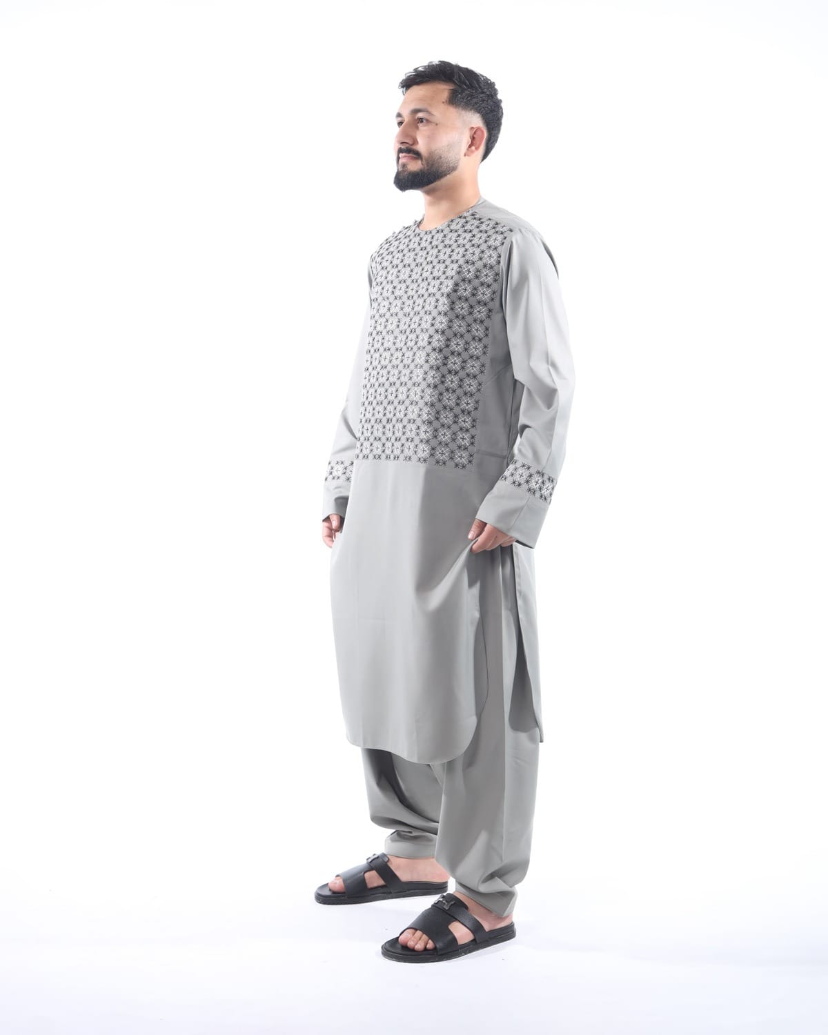 Light Silver Sena Pur Embroidered Afghan Attire for Men with Shawl 7