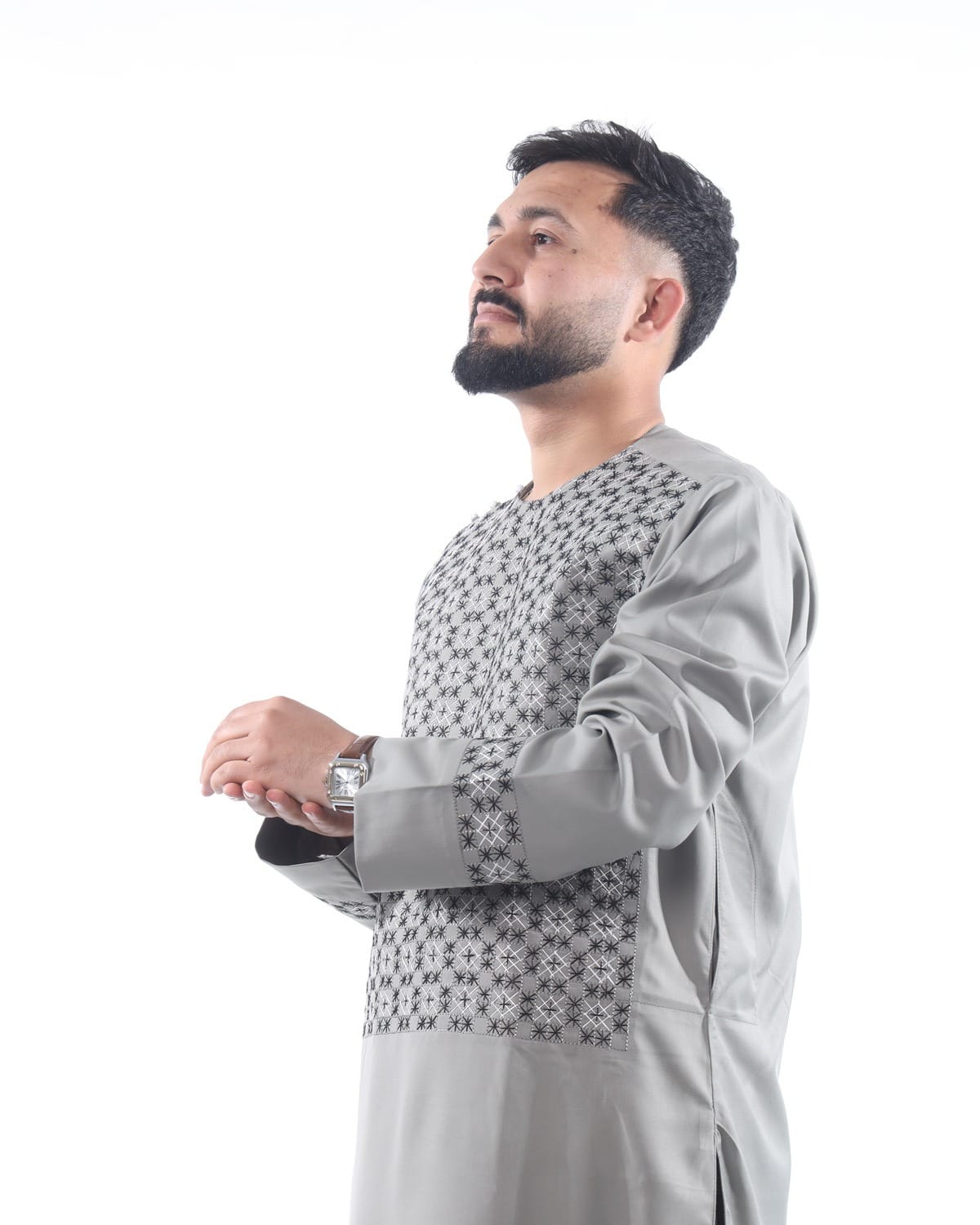 Light Silver Sena Pur Embroidered Afghan Attire for Men with Shawl 2