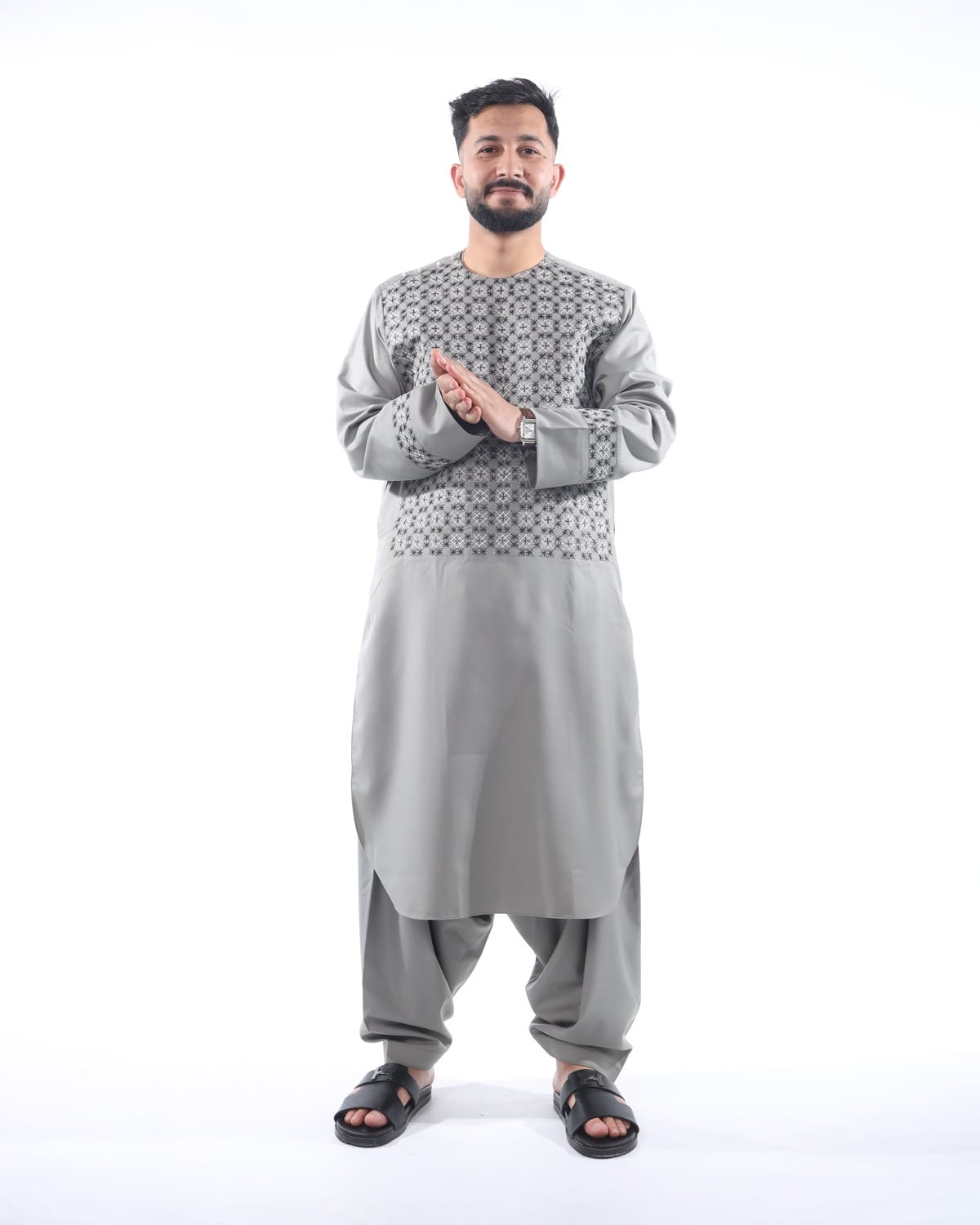 Light Silver Sena Pur Embroidered Afghan Attire for Men with Shawl 8