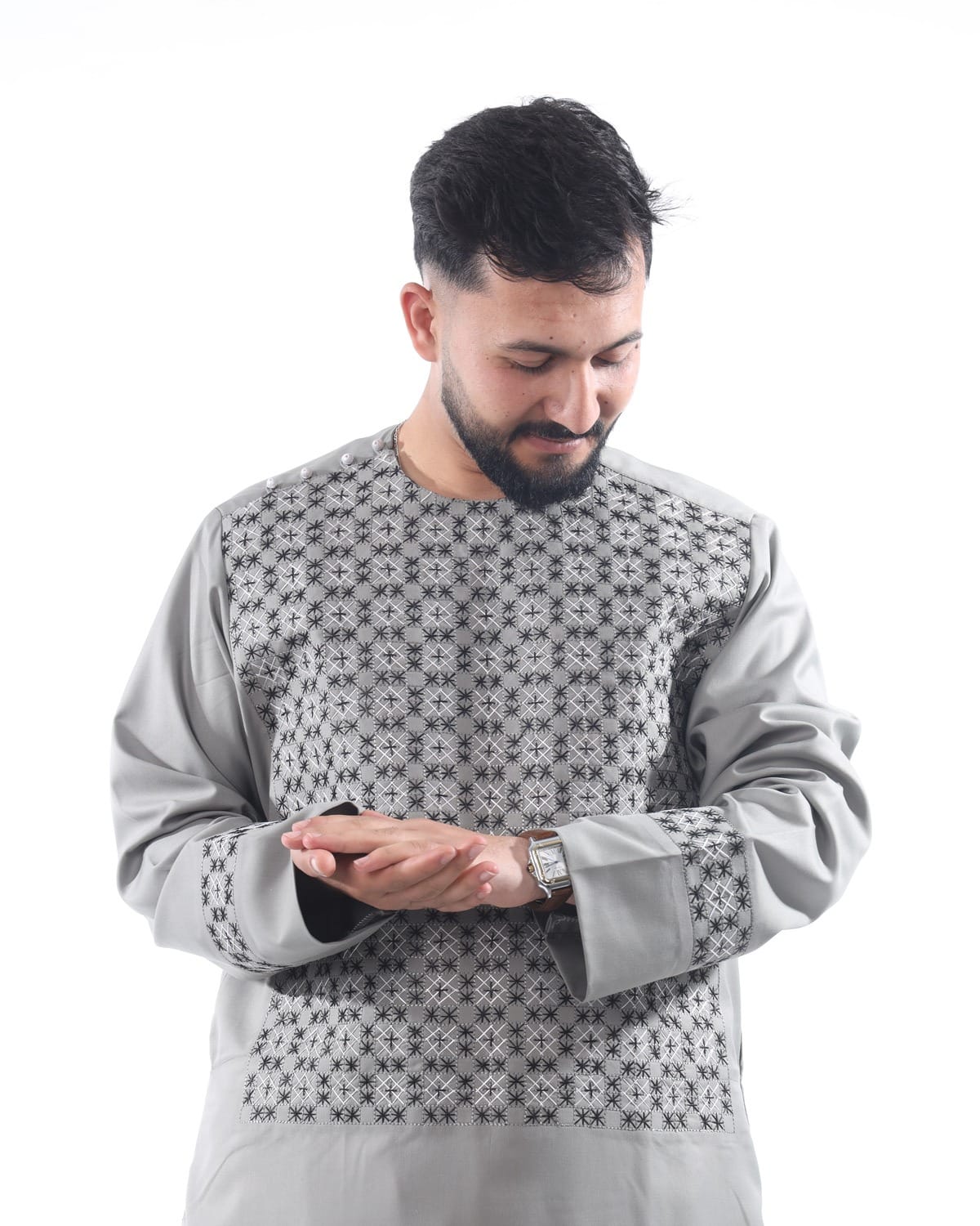 Light Silver Sena Pur Embroidered Afghan Attire for Men with Shawl 5