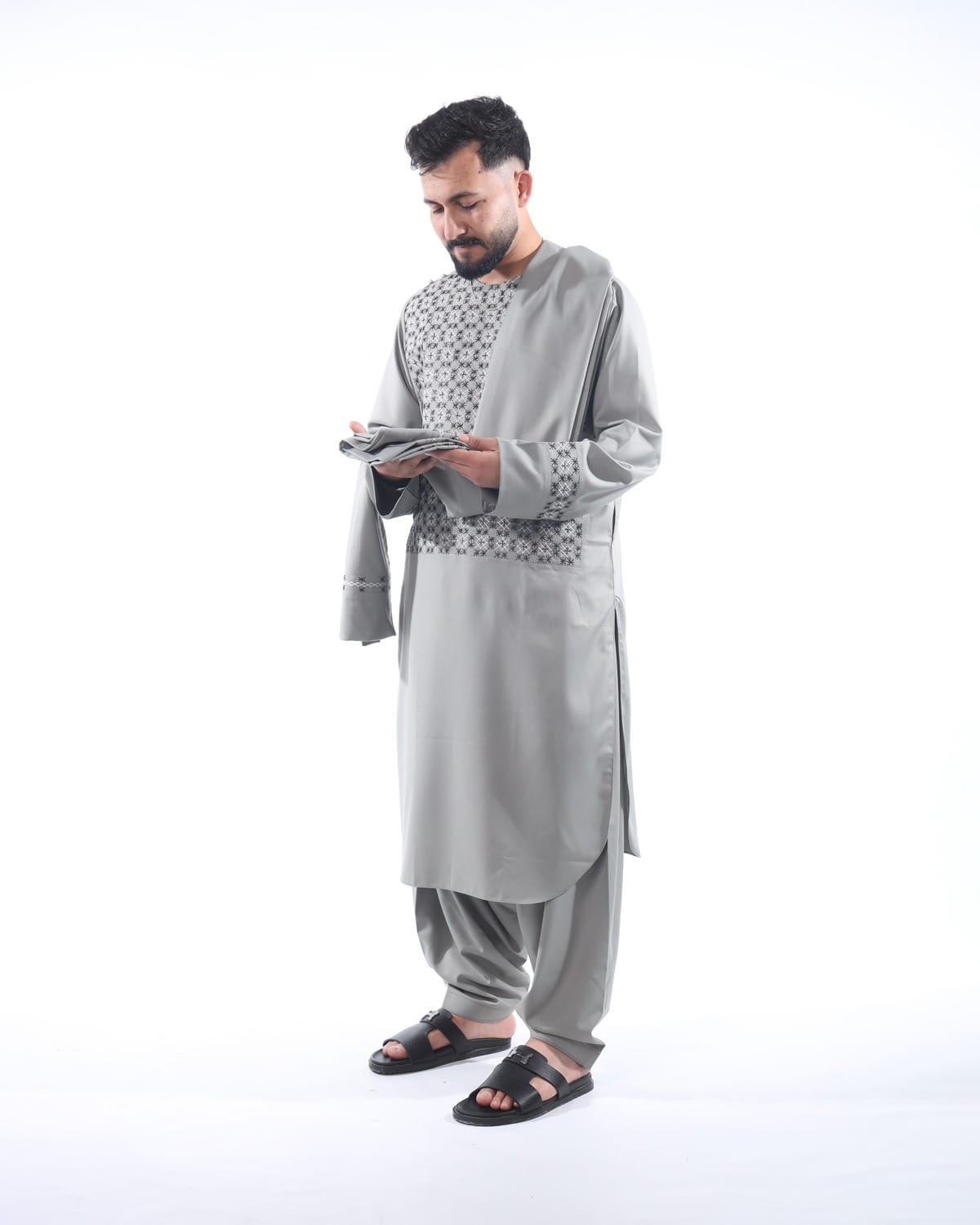 Light Silver Sena Pur Embroidered Afghan Attire for Men with Shawl 4