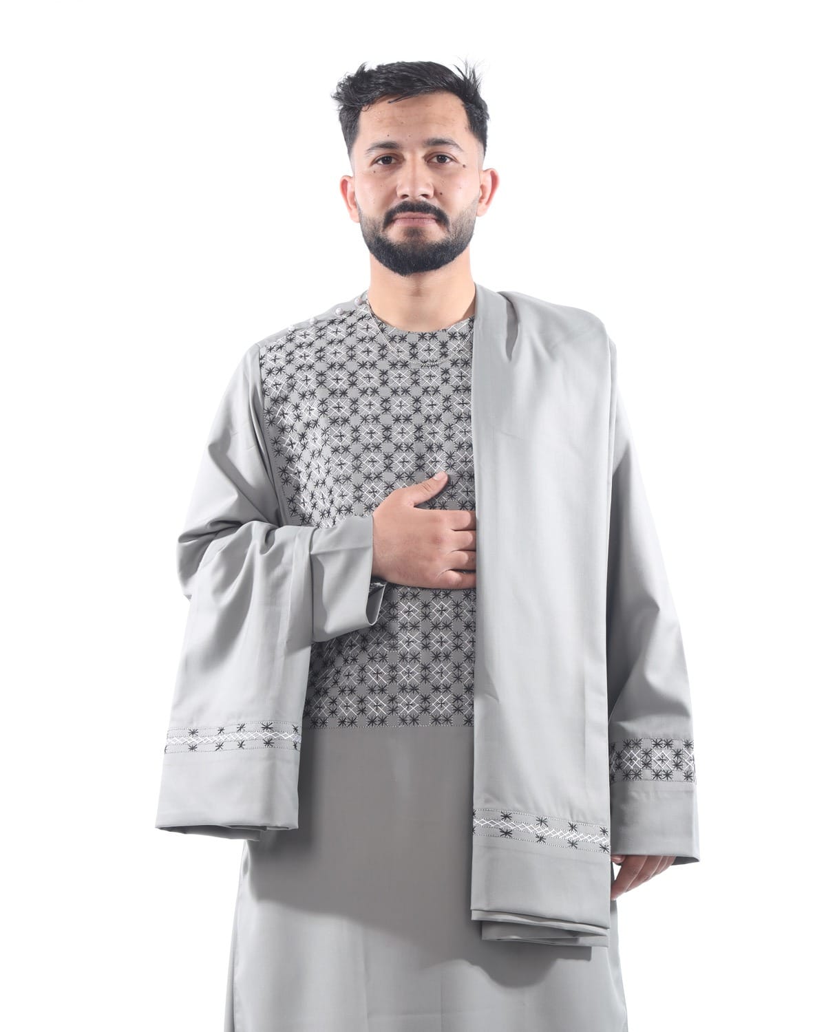 Light Silver Sena Pur Embroidered Afghan Attire for Men with Shawl 3