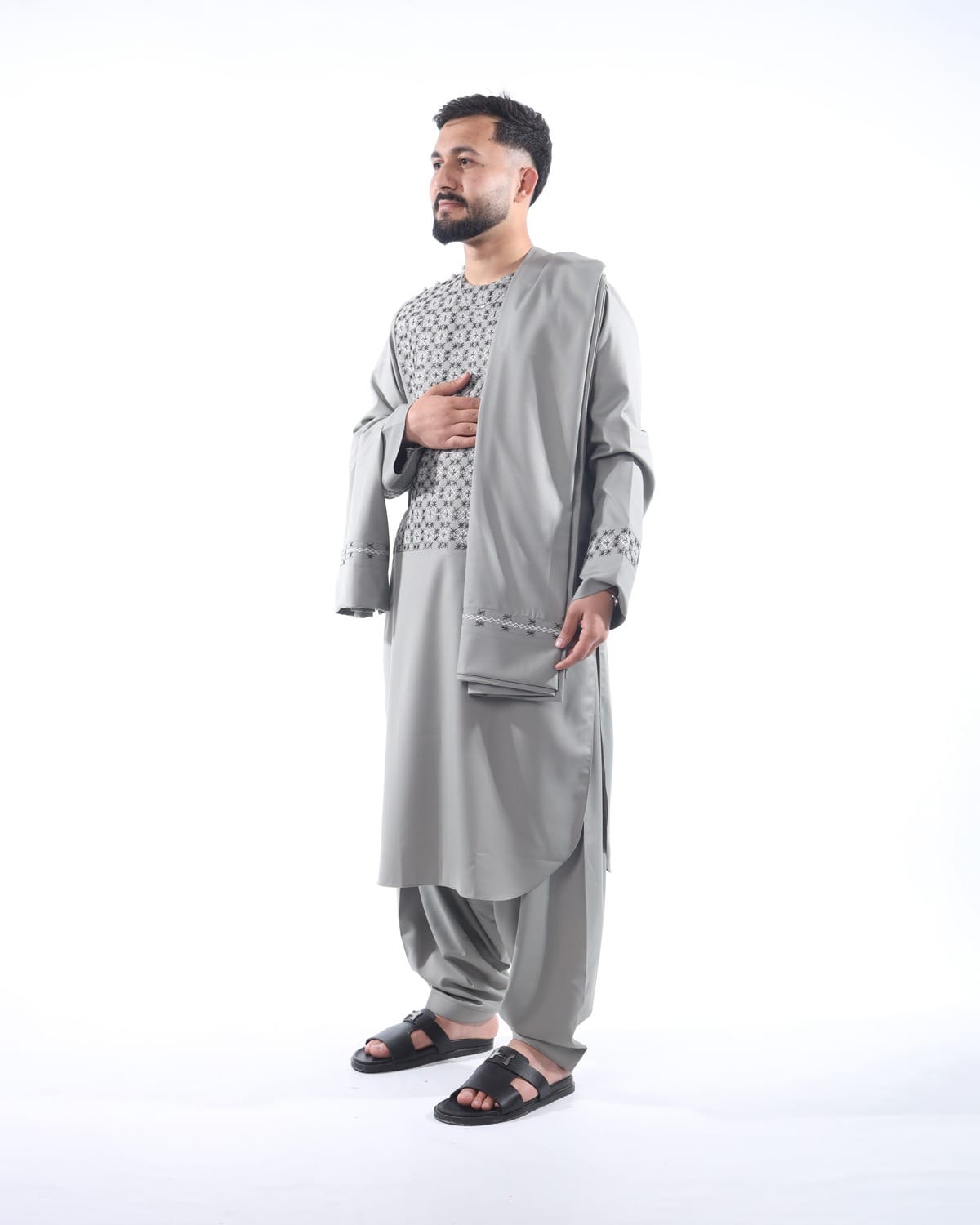 Light Silver Sena Pur Embroidered Afghan Attire for Men with Shawl 1