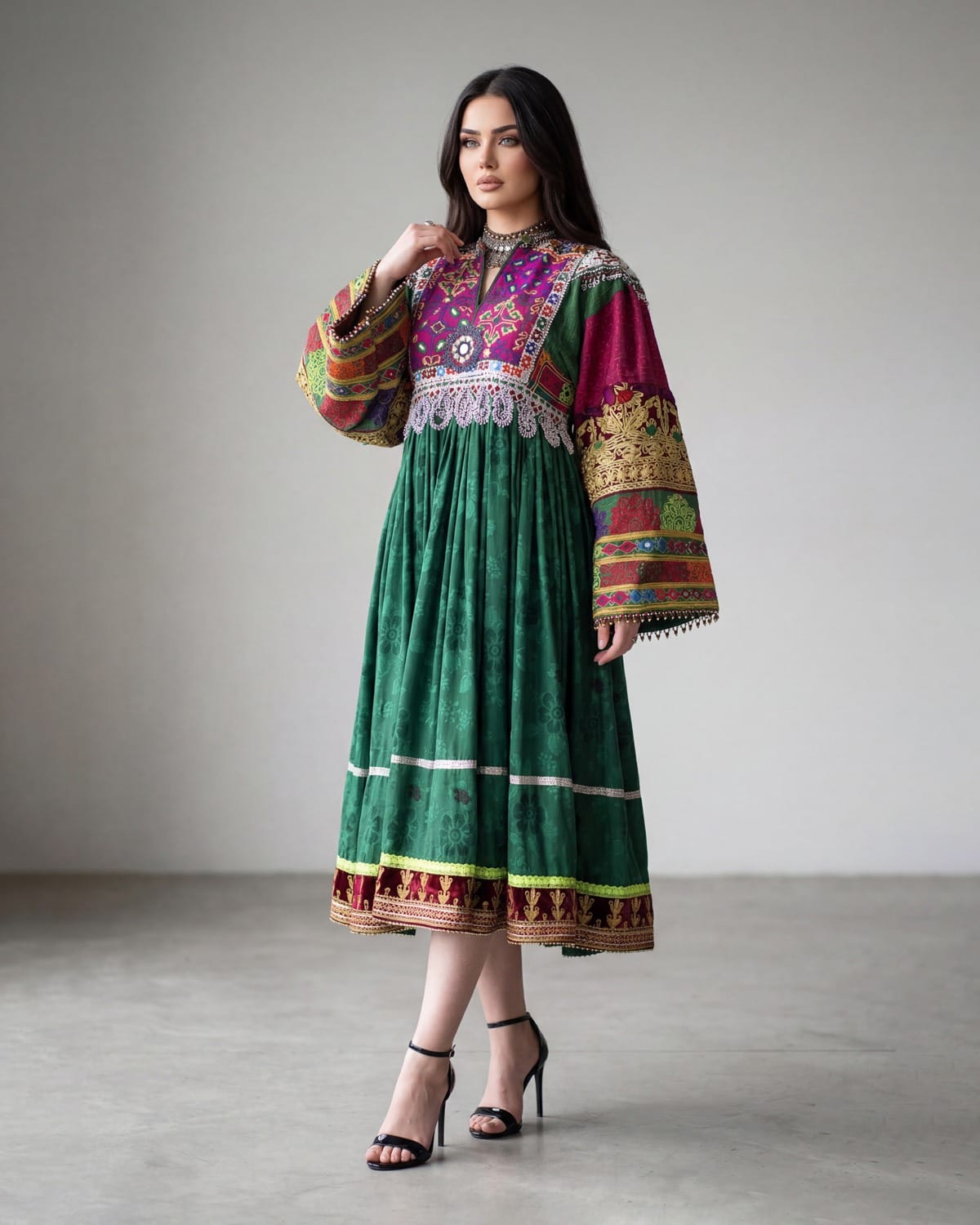 Afghan Gand Dress - Green with Traditional Embroidery 4